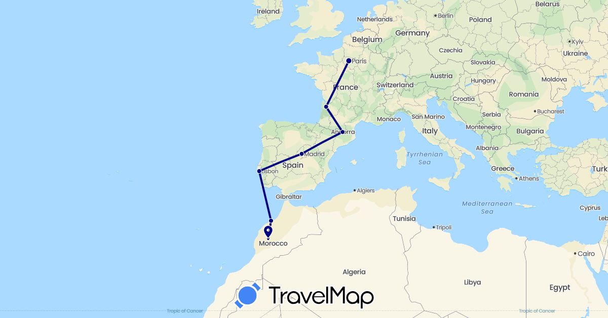 TravelMap itinerary: driving in Andorra, Spain, France, Morocco, Portugal (Africa, Europe)